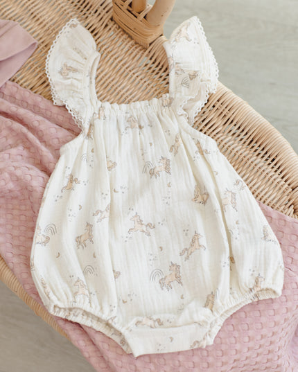 Baby romper with ruffled sleeves and unicorn print