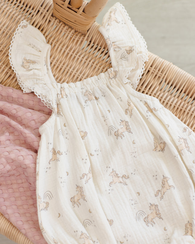 Baby romper with ruffled sleeves and unicorn print