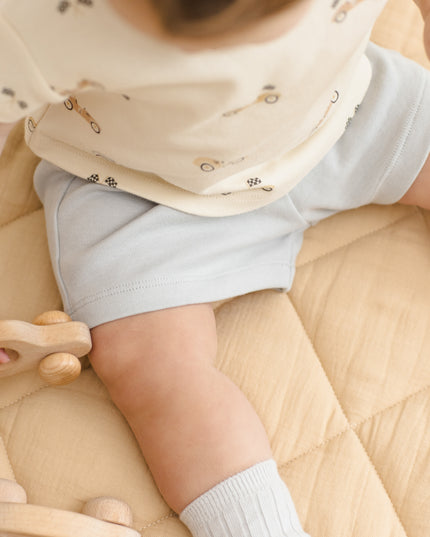 Baby wearing car shirt and light blue shorts