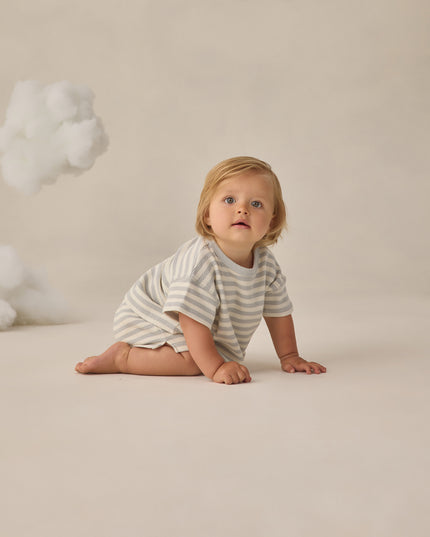 Baby wearing Grey/Blue and White Stripe Shirt and Short Set