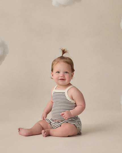 Baby Wearing Blue and White Striped Tank and Short Set