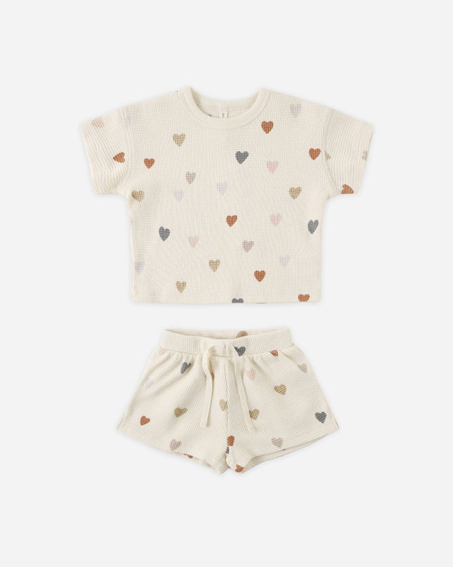 Cream colored top and short set with confetti heart print