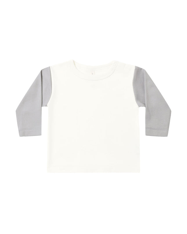 Long sleeve children's white raglan tee with grey sleeves