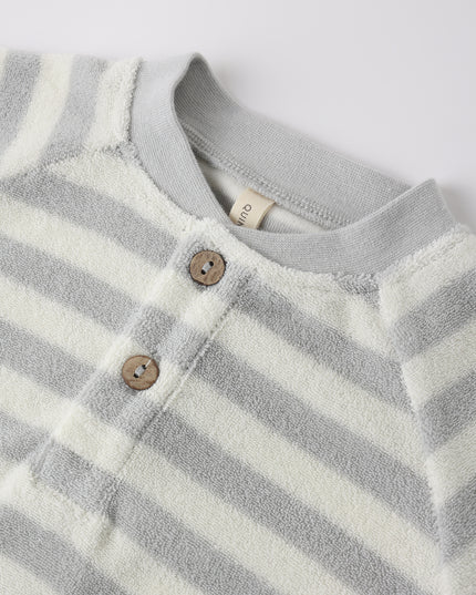 Blue and white stripe baby romper with buttons