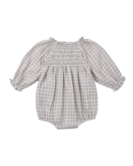 Blue and white gingham smocked baby romper