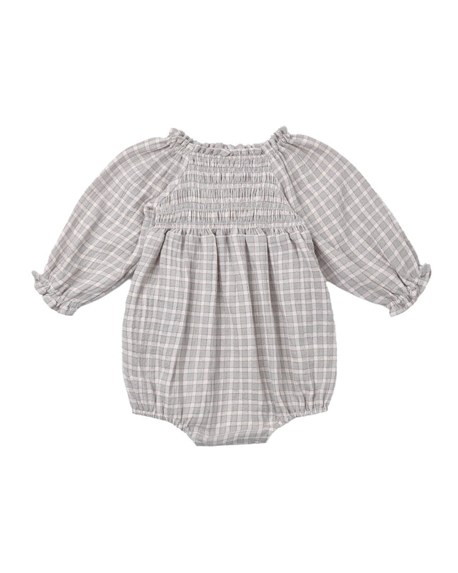 Blue and white gingham smocked baby romper