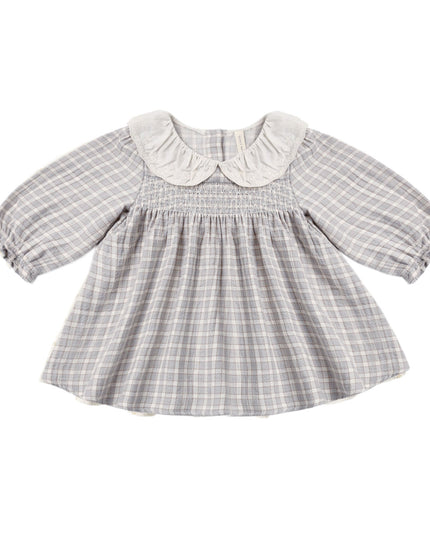 Girls dress with blue checkered pattern and white collar 