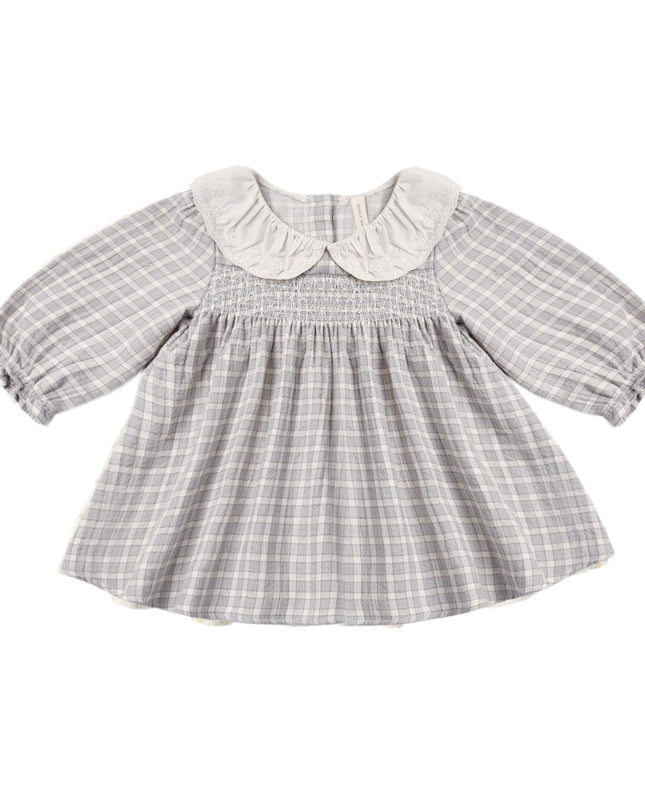 Girls dress with blue checkered pattern and white collar 