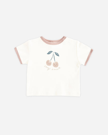Ivory t-shirt with cherry design that says stay sweet