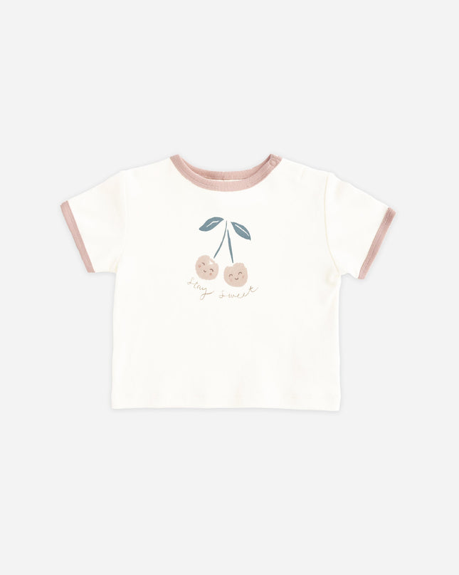 Ivory t-shirt with cherry design that says stay sweet