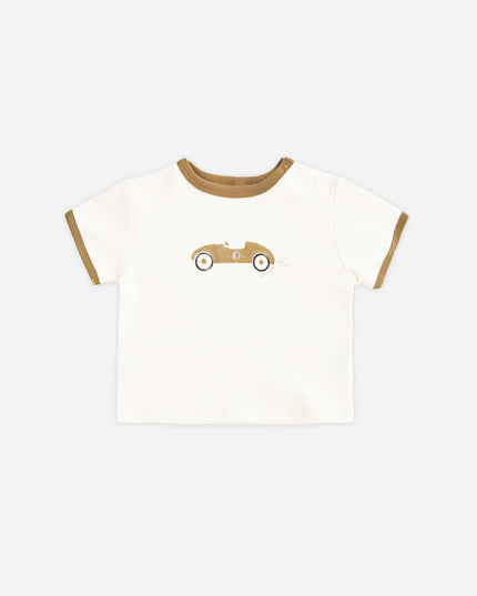 White t-shirt with brown trim and a car graphic