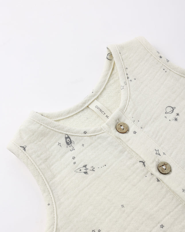Button down romper with delicate space print