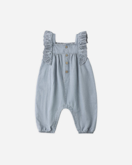 Denim romper with button and ruffle sleeves