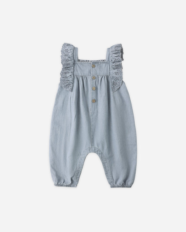 Denim romper with button and ruffle sleeves