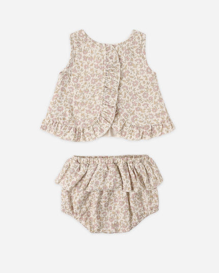 Back of Floral baby outfit with top and bloomers