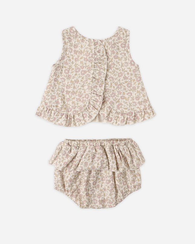 Back of Floral baby outfit with top and bloomers
