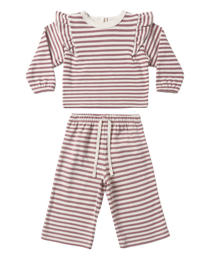 A two-piece baby outfit set featuring a long-sleeve top with ruffle shoulder details and matching drawstring pants, both in a mauve and white horizontal stripe pattern