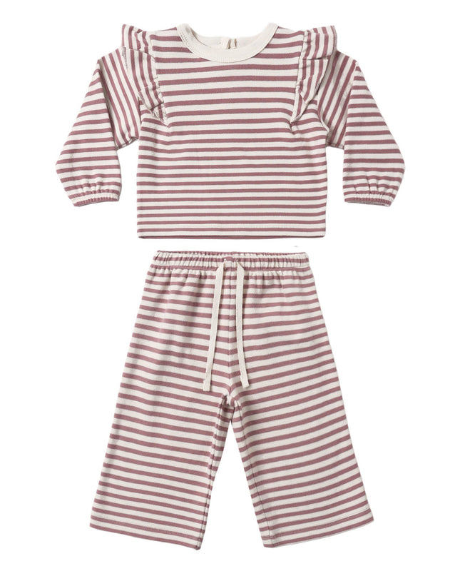 A two-piece baby outfit set featuring a long-sleeve top with ruffle shoulder details and matching drawstring pants, both in a mauve and white horizontal stripe pattern