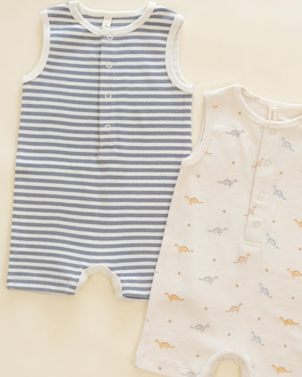 Blue and White Striped and Dinosaur Rompers