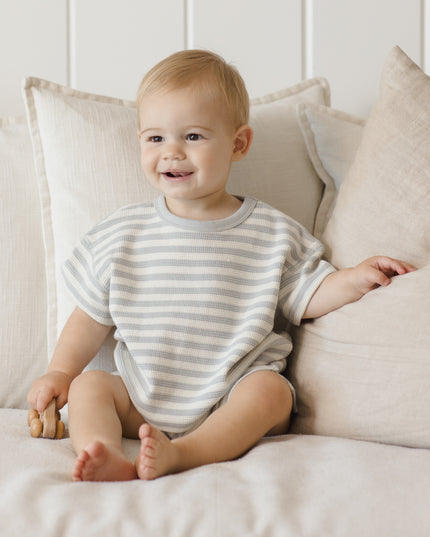 Baby wearing Grey/Blue and White Stripe Shirt and Short Set