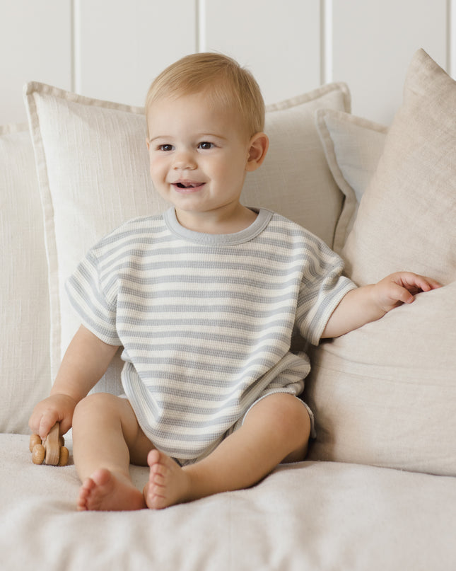 Baby wearing Grey/Blue and White Stripe Shirt and Short Set