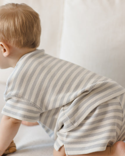Baby wearing Grey/Blue and White Stripe Shirt and Short Set