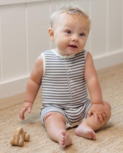Baby wearing Blue and White Striped Romper