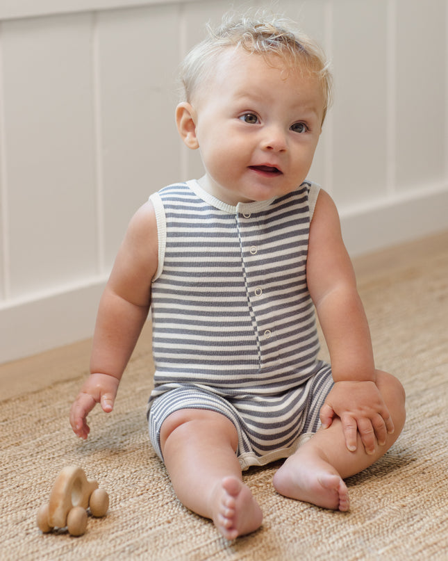 Baby wearing Blue and White Striped Romper