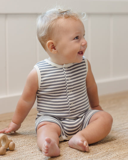 Baby wearing Blue and White Striped Romper