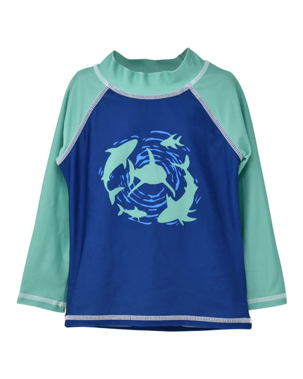 Blue rash guard swim shirt with shark pattern