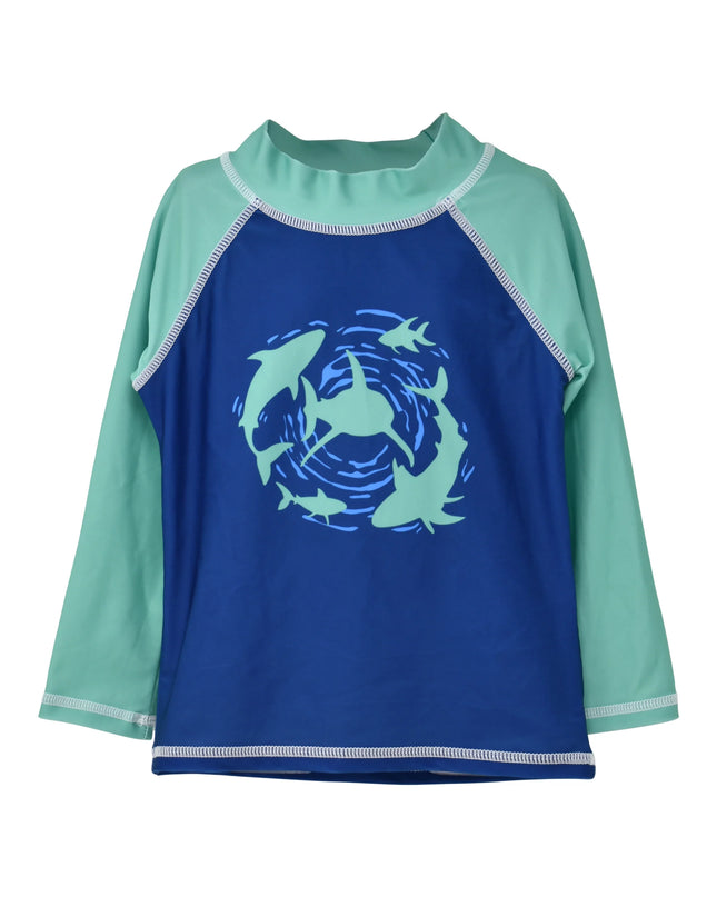 Blue rash guard swim shirt with shark pattern