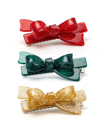 Red, Green and Gold Glitter Bow Hair Clips (Set of 3)