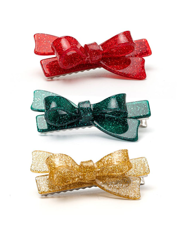 Red, Green and Gold Glitter Bow Hair Clips (Set of 3)