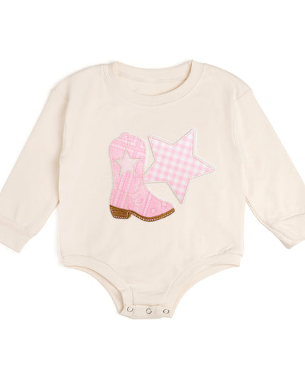 Natural baby romper with cowboy boot and star patch