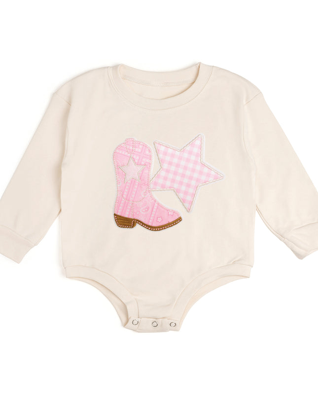 Natural baby romper with cowboy boot and star patch