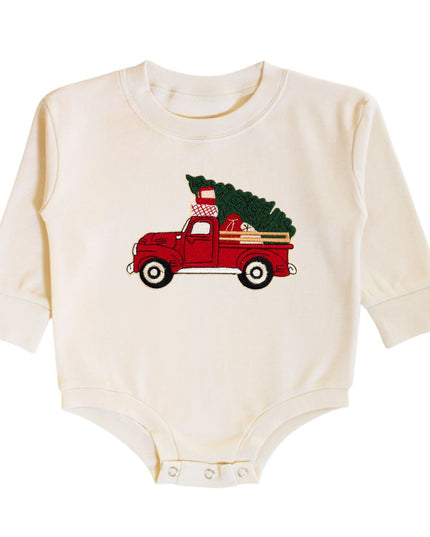 Natural color long sleeve romper with a red tuck carrying a Christmas tree patch