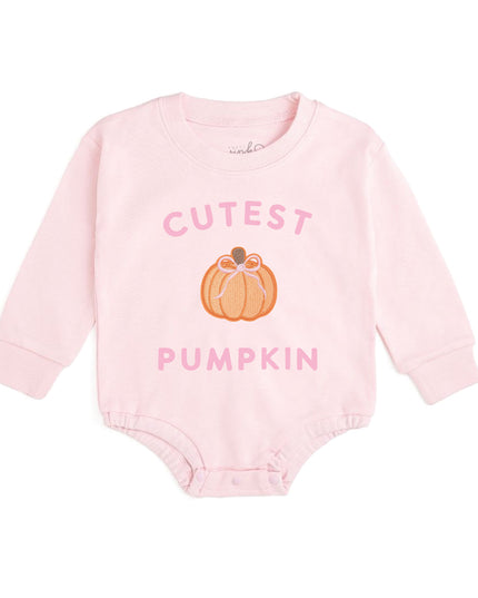 Long sleeve pink baby romper with pumpkin patch and text 'cutest pumpkin'