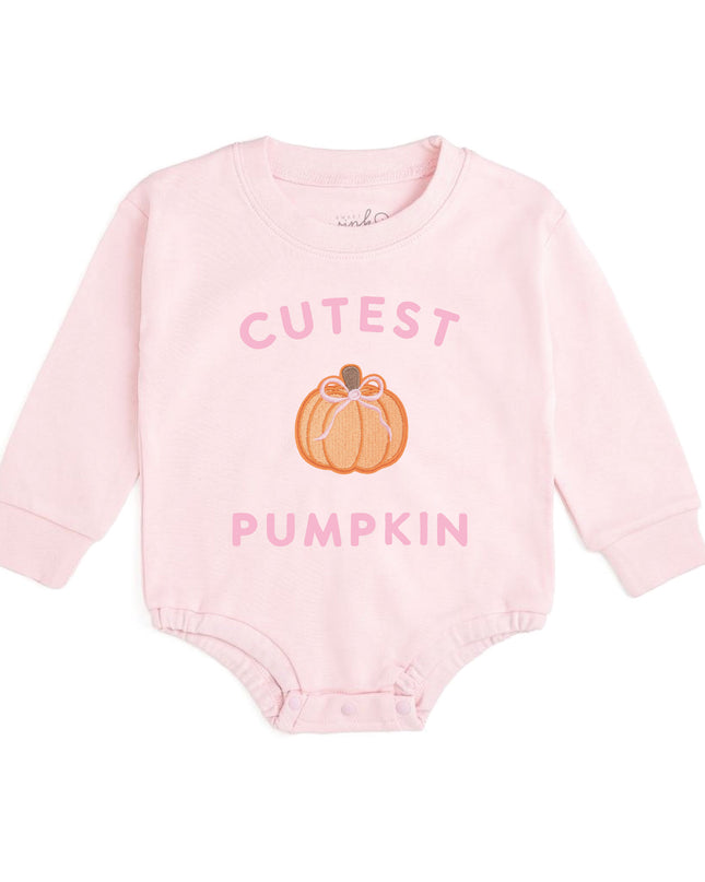 Long sleeve pink baby romper with pumpkin patch and text 'cutest pumpkin'