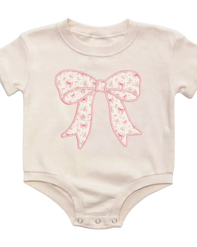 Sweet Wink Ditsy Floral Bow Patch Short Sleeve Romper - Giggles & Glitter