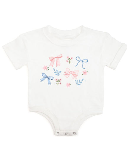 White romper with floral and bow watercolor design