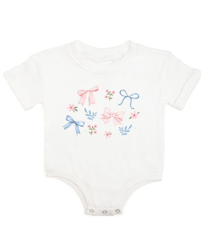 White romper with floral and bow watercolor design