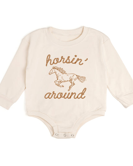 Baby romper with 'horsin' around' graphic