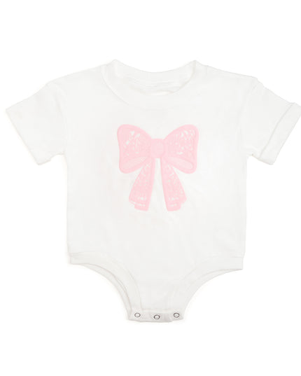 White baby romper with pink lace bow