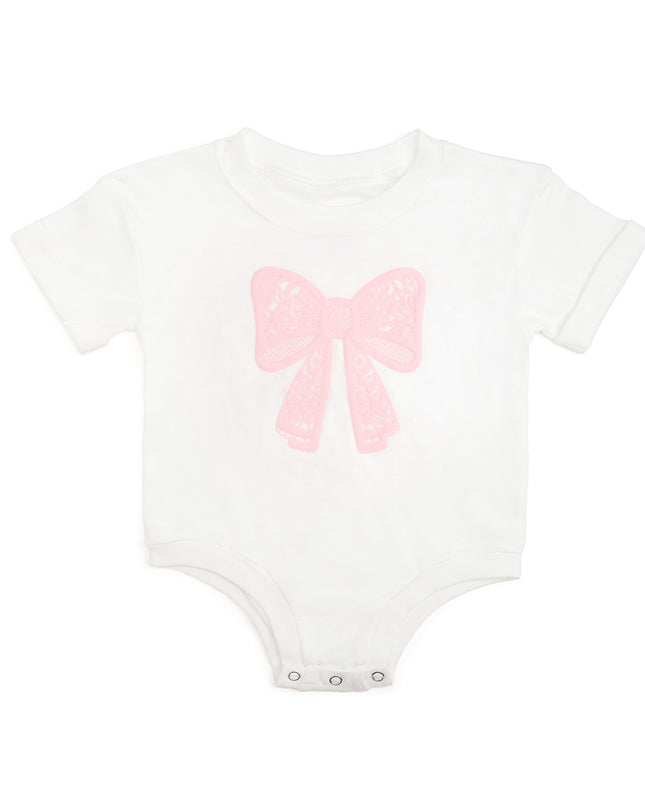 White baby romper with pink lace bow