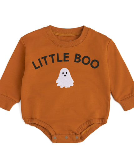 Orange baby romper with 'LITTLE BOO' text and ghost patch