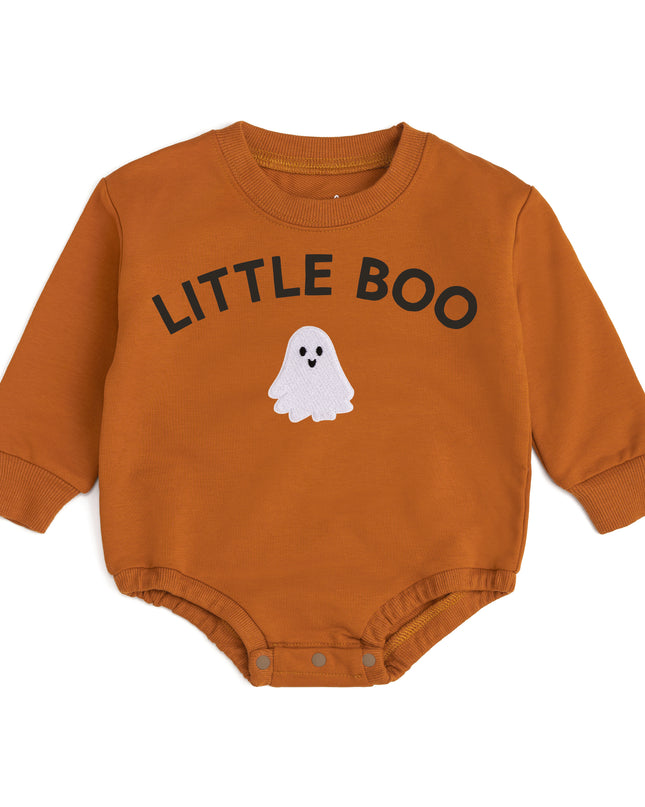 Orange baby romper with 'LITTLE BOO' text and ghost patch