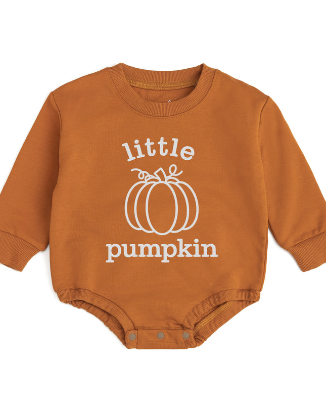 Orange baby romper with 'little pumpkin'  graphic