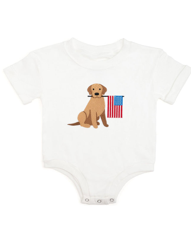 White romper with dog holding American flag