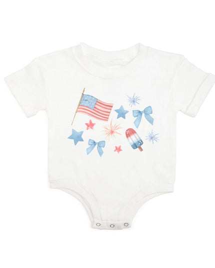 White baby romper with red, white and blue graphic