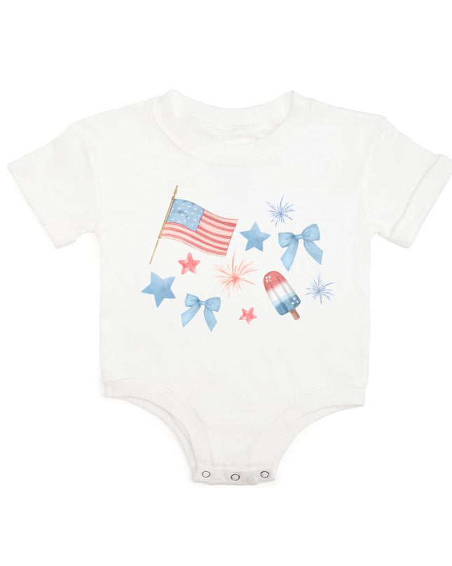 White baby romper with red, white and blue graphic